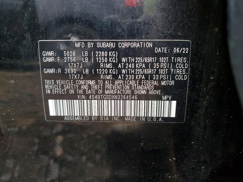 Продаж на аукціоні авто 2022 Subaru Outback, vin: 4S4BTGSDXN3264546, номер лоту: 57834066
