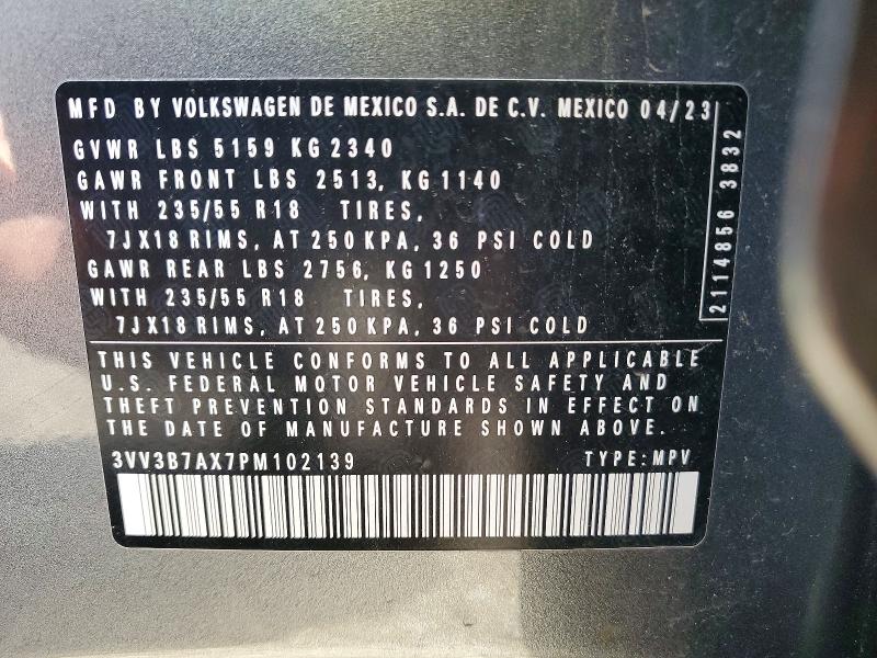 2023 Volkswagen Tiguan მანქანა იყიდება აუქციონზე, vin: 3VV3B7AX7PM102139, აუქციონის ნომერი: 58357416
