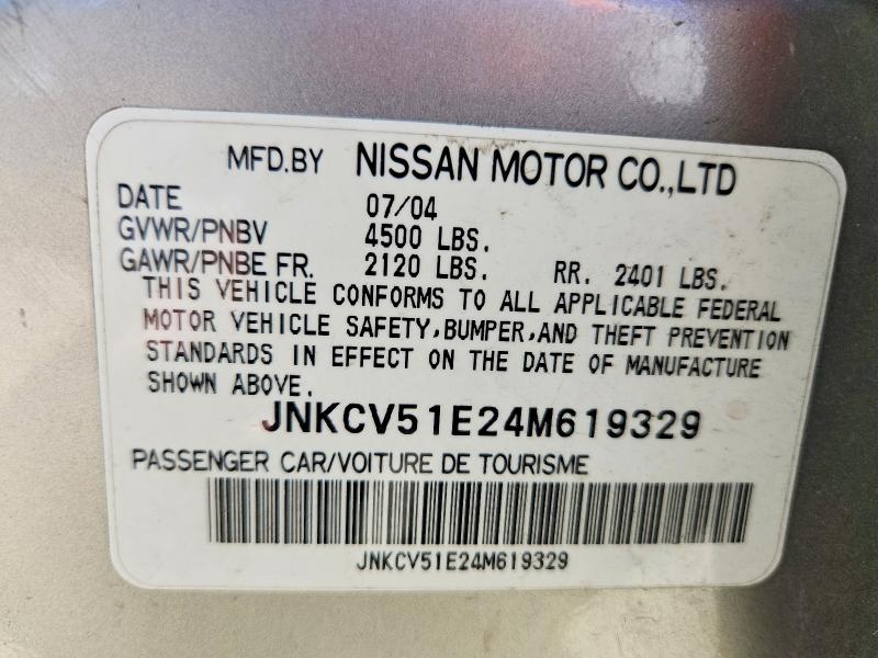 2004 Infiniti G35 მანქანა იყიდება აუქციონზე, vin: JNKCV51E24M619329, აუქციონის ნომერი: 58420576