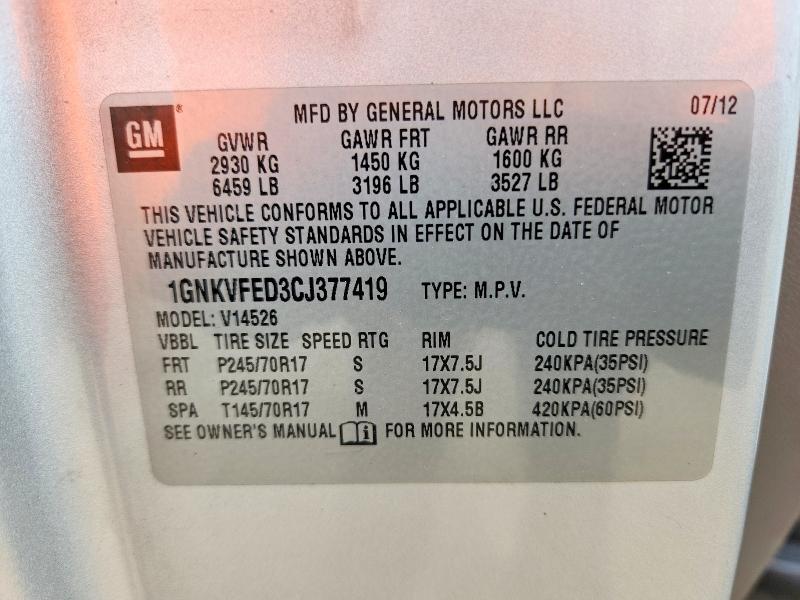 55190276 :رقم المزاد ، 1GNKVFED3CJ377419 vin ، 2012 Chevrolet Traverse مزاد بيع