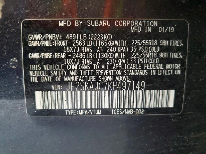 2019 Subaru Forester მანქანა იყიდება აუქციონზე, vin: JF2SKAJC7KH497149, აუქციონის ნომერი: 58465566