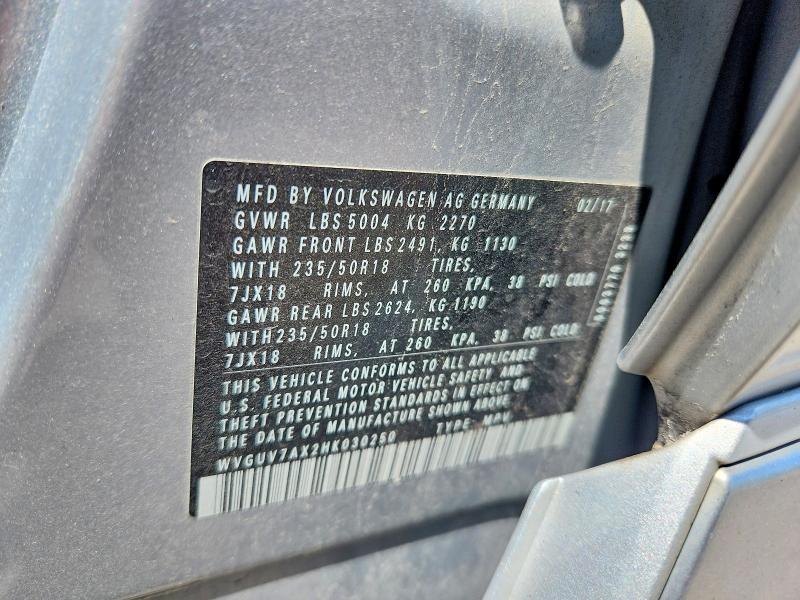 Продаж на аукціоні авто 2017 Volkswagen Tiguan, vin: WVGUV7AX2HK030250, номер лоту: 58703016