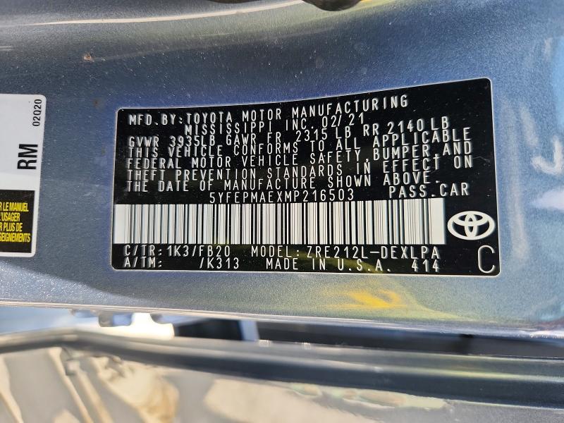 Продаж на аукціоні авто 2021 Toyota Corolla, vin: 5YFEPMAEXMP216503, номер лоту: 55968016