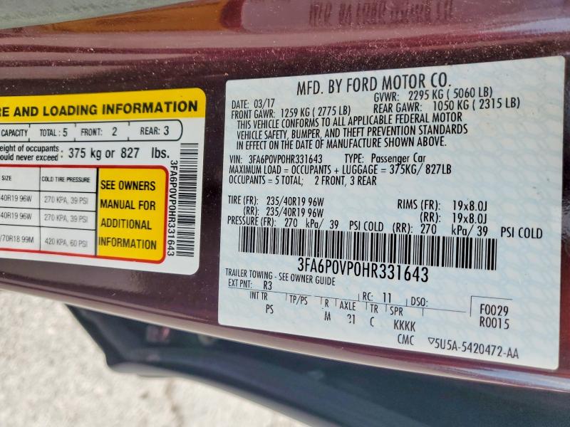Aukcja sprzedaży 2017 Ford Fusion, vin: 3FA6P0VP0HR331643, numer aukcji: 56706556