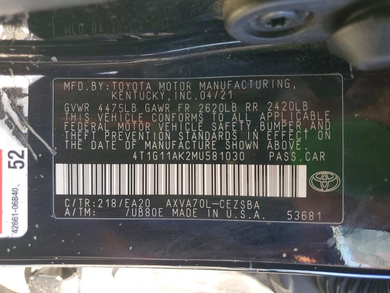 Продажа на аукционе авто 2021 Toyota Camry, vin: 4T1G11AK2MU581030, номер лота: 59074506