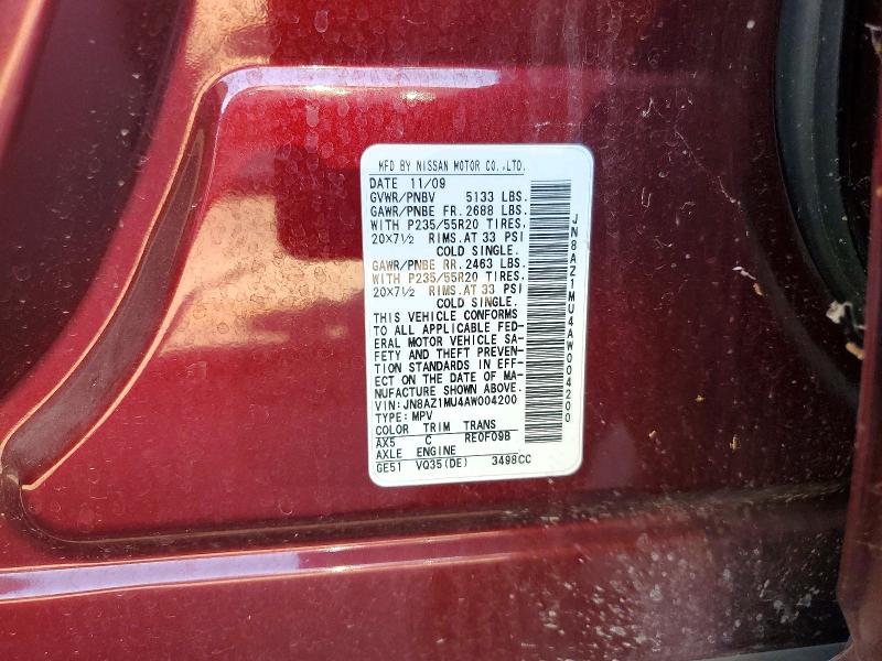 Aukcja sprzedaży 2010 Nissan Murano, vin: JN8AZ1MU4AW004200, numer aukcji: 57596816