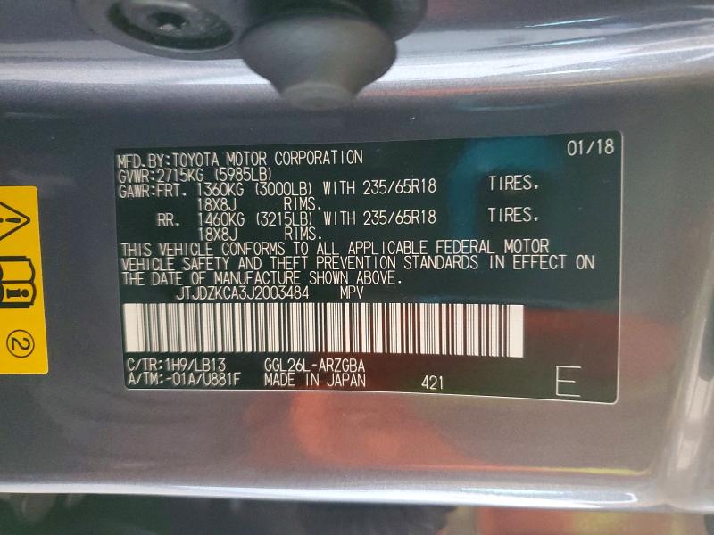 55813036 :رقم المزاد ، JTJDZKCA3J2003484 vin ، 2018 Lexus Rx مزاد بيع