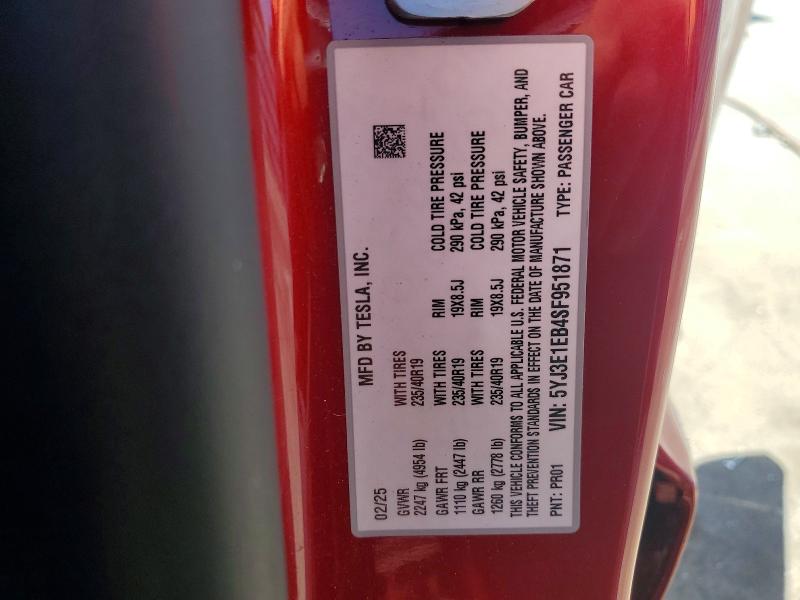 Aukcja sprzedaży 2025 Tesla Model 3, vin: 5YJ3E1EB4SF951871, numer aukcji: 58021396