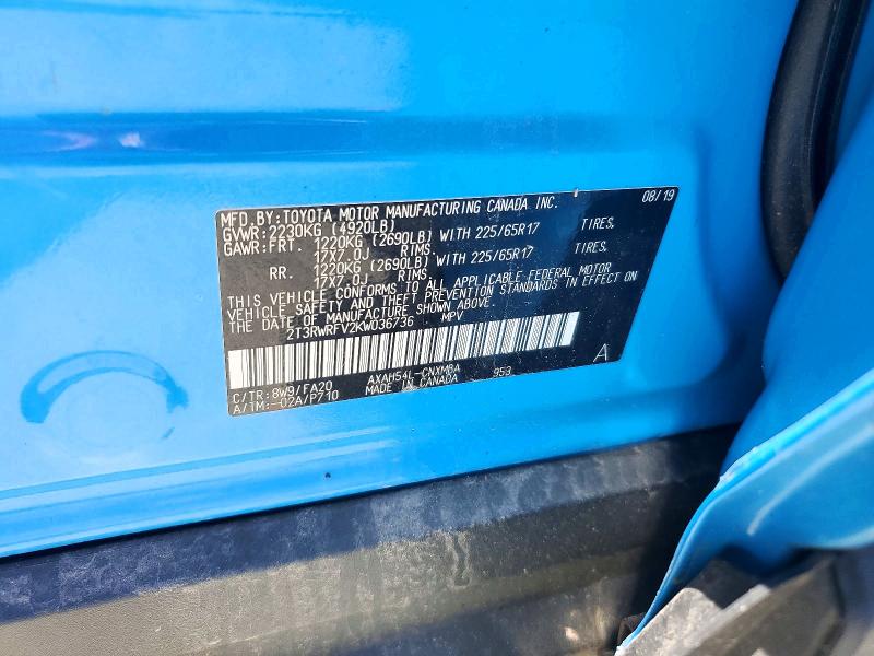 Aukcja sprzedaży 2019 Toyota Rav4 Hybrid, vin: 2T3RWRFV2KW036736, numer aukcji: 57763076