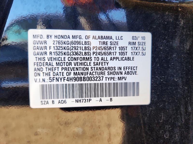 2011 Honda Pilot მანქანა იყიდება აუქციონზე, vin: 5FNYF4H90BB003237, აუქციონის ნომერი: 55789276