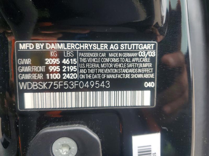 55555776 :رقم المزاد ، WDBSK75F53F049543 vin ، 2003 Mercedes-benz Sl مزاد بيع