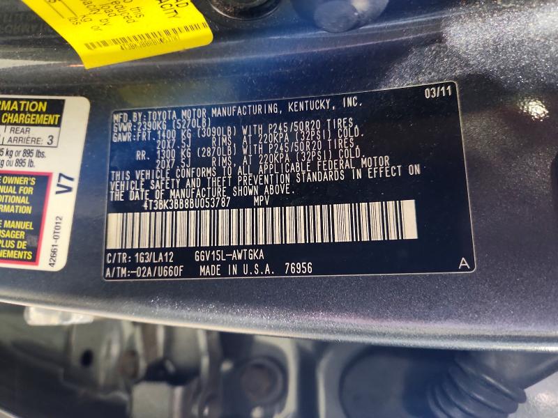 2011 Toyota Venza მანქანა იყიდება აუქციონზე, vin: 4T3BK3BB8BU053787, აუქციონის ნომერი: 56240996