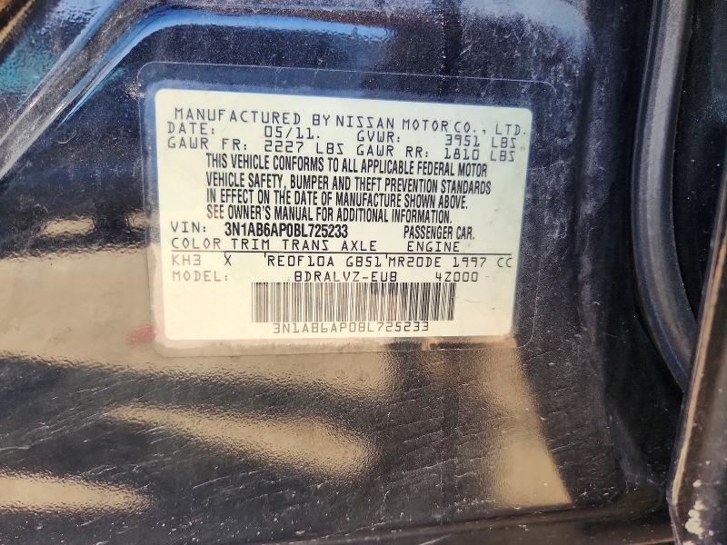 2011 Nissan Sentra მანქანა იყიდება აუქციონზე, vin: 3N1AB6AP0BL725233, აუქციონის ნომერი: 55373366