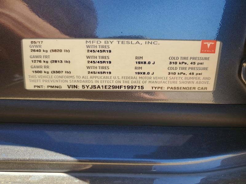 Продаж на аукціоні авто 2017 Tesla Model S, vin: 5YJSA1E29HF199715, номер лоту: 57883076