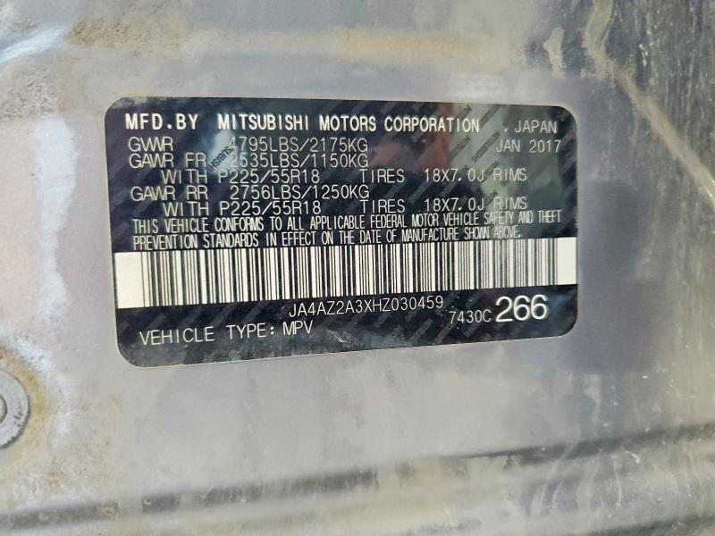 2017 Mitsubishi Outlander მანქანა იყიდება აუქციონზე, vin: JA4AZ2A3XHZ030459, აუქციონის ნომერი: 57411616
