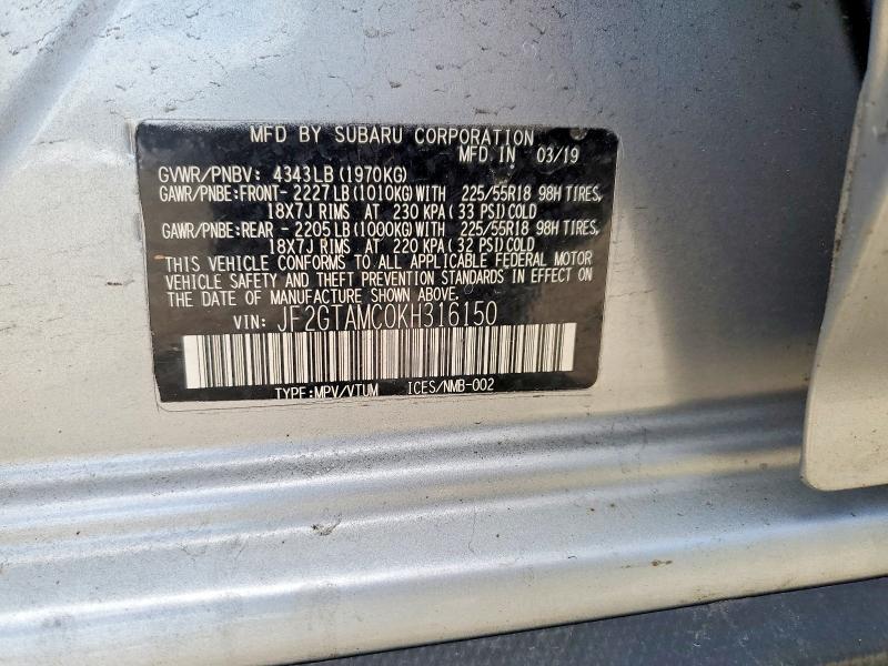 2019 Subaru Crosstrek მანქანა იყიდება აუქციონზე, vin: JF2GTAMC0KH316150, აუქციონის ნომერი: 55724366