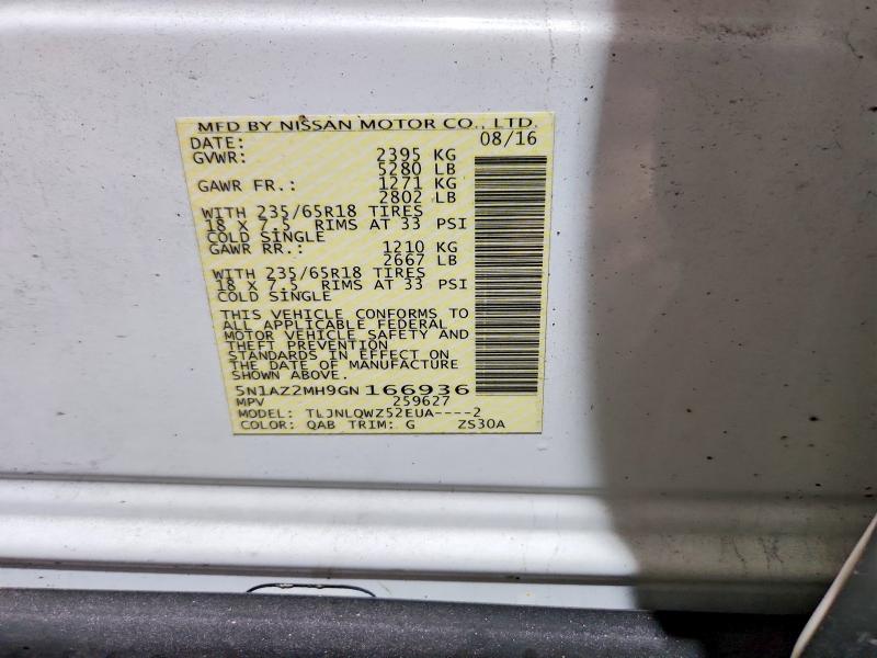 Aukcja sprzedaży 2016 Nissan Murano, vin: 5N1AZ2MH9GN166936, numer aukcji: 58616926