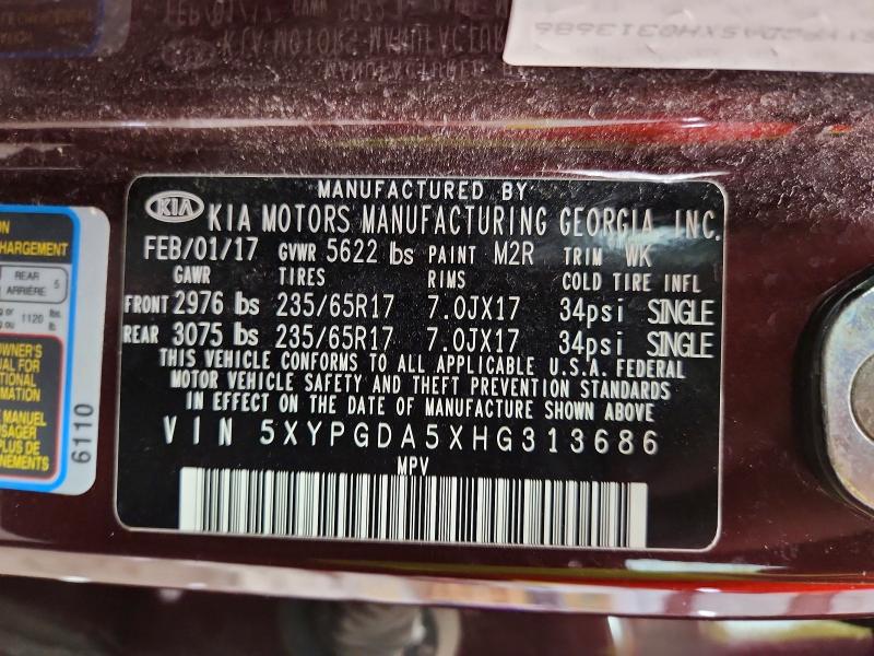 Продаж на аукціоні авто 2017 Kia Sorento, vin: 5XYPGDA5XHG313686, номер лоту: 58403386