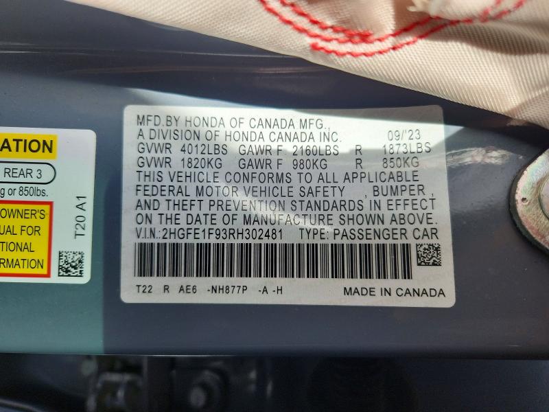 Aukcja sprzedaży 2024 Honda Civic, vin: 2HGFE1F93RH302481, numer aukcji: 56257006