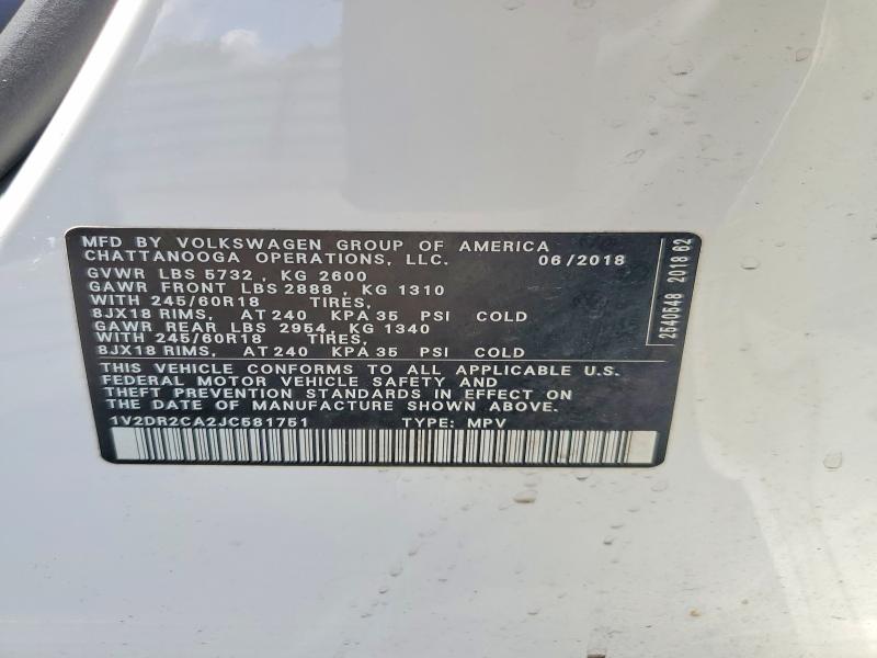 Продажа на аукционе авто 2018 Volkswagen Atlas, vin: 1V2DR2CA2JC581751, номер лота: 57238096