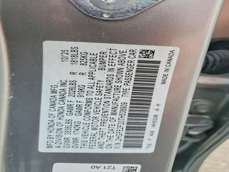 58610406 :رقم المزاد ، 2HGFE2F20TH538909 vin ، 2026 Honda Civic مزاد بيع