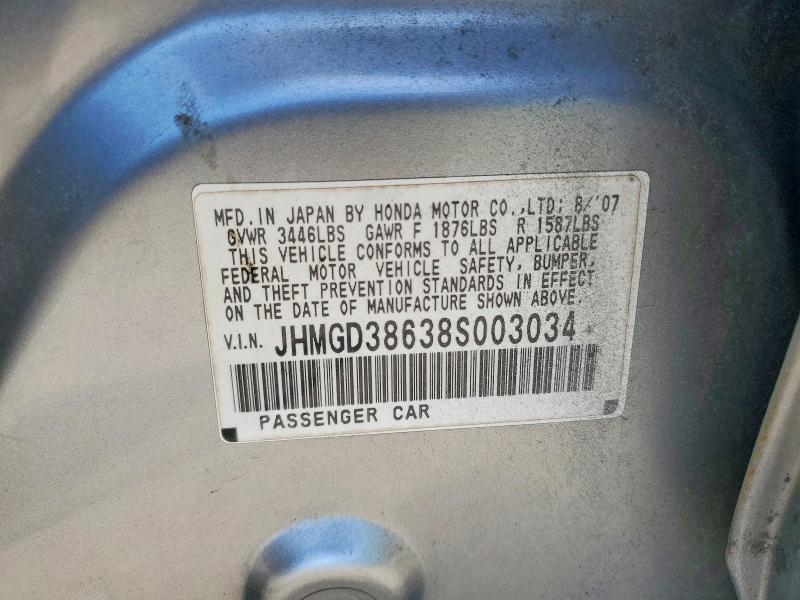 2008 Honda Fit მანქანა იყიდება აუქციონზე, vin: JHMGD38638S003034, აუქციონის ნომერი: 56773156