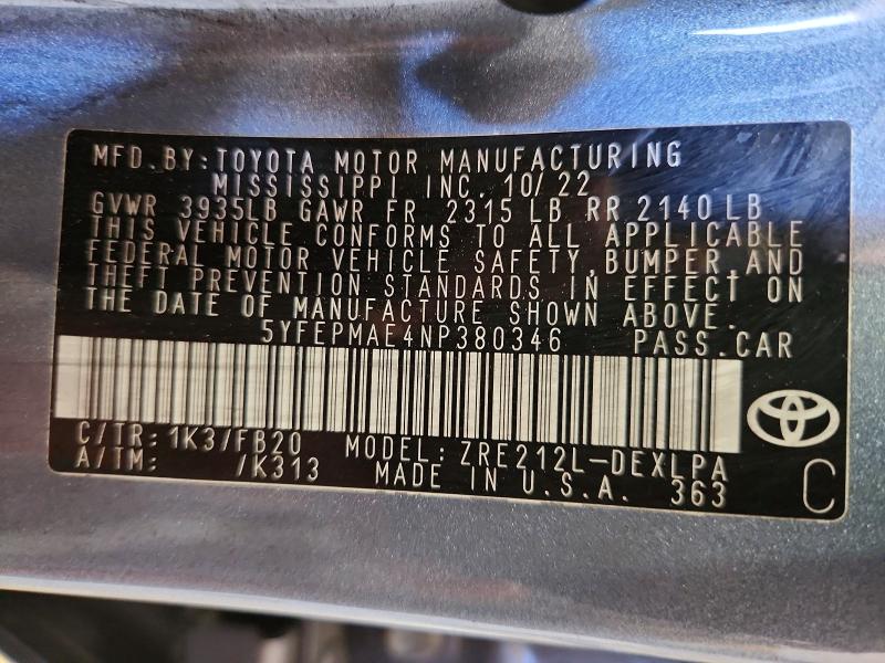 Aukcja sprzedaży 2022 Toyota Corolla, vin: 5YFEPMAE4NP380346, numer aukcji: 56471016