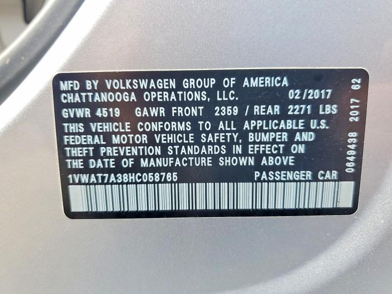 2017 Volkswagen Passat მანქანა იყიდება აუქციონზე, vin: 1VWAT7A38HC058765, აუქციონის ნომერი: 57919346