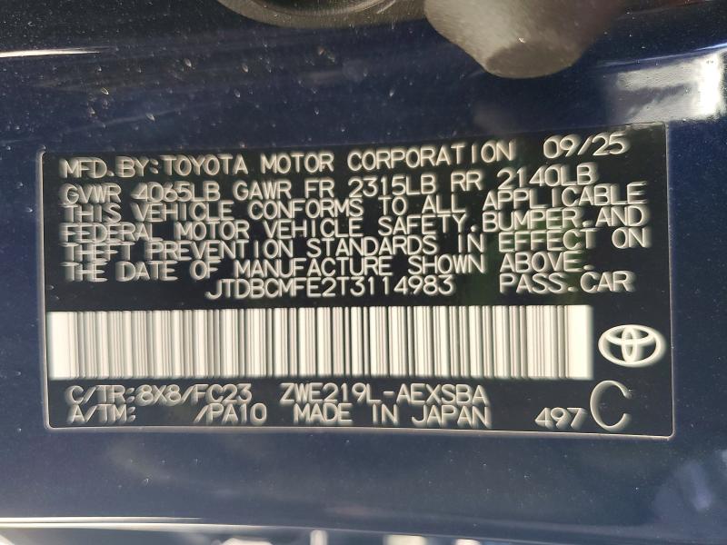 Продаж на аукціоні авто 2026 Toyota Corolla Hybrid, vin: JTDBCMFE2T3114983, номер лоту: 55744736