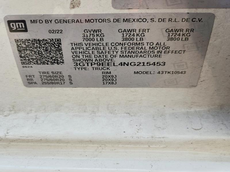 Aukcja sprzedaży 2022 Gmc Sierra Limited, vin: 3GTP9EEL4NG215453, numer aukcji: 58118586