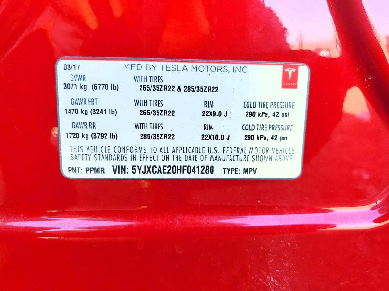 57530096 :رقم المزاد ، 5YJXCAE20HF041280 vin ، 2017 Tesla Model X مزاد بيع