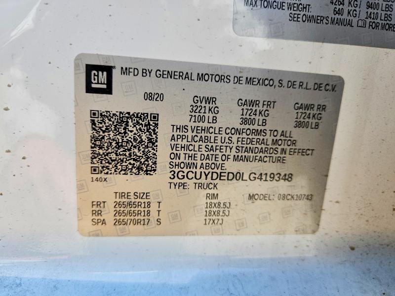57052296 :رقم المزاد ، 3GCUYDED0LG419348 vin ، 2020 Chevrolet Silverado مزاد بيع