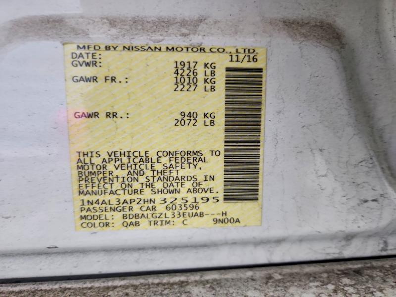 Продажа на аукционе авто 2017 Nissan Altima, vin: 1N4AL3AP2HN325195, номер лота: 58693166