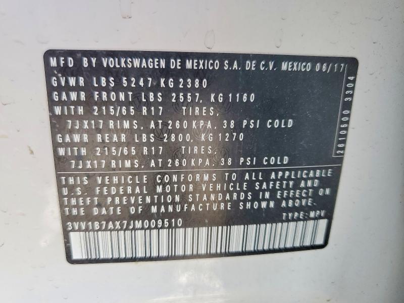 2018 Volkswagen Tiguan მანქანა იყიდება აუქციონზე, vin: 3VV1B7AX7JM009510, აუქციონის ნომერი: 56053026