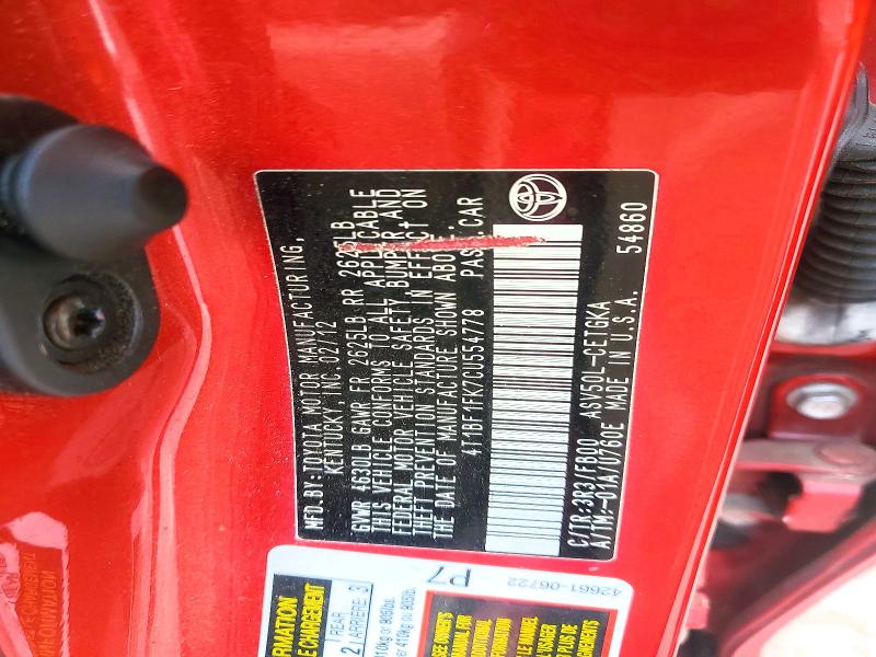 2012 Toyota Camry მანქანა იყიდება აუქციონზე, vin: 4T1BF1FK7CU554778, აუქციონის ნომერი: 58111186