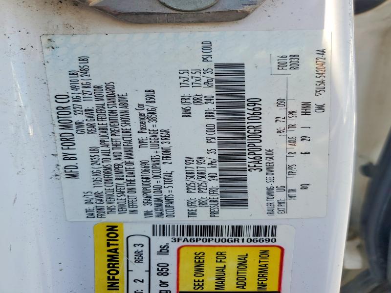 58114056 :رقم المزاد ، 3FA6P0PU0GR106690 vin ، 2016 Ford Fusion مزاد بيع