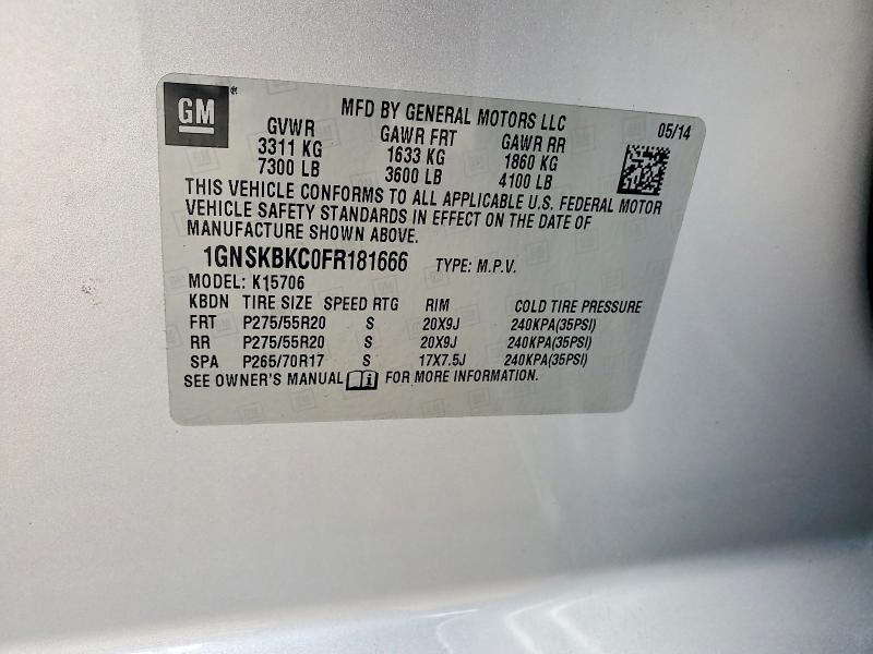 2015 Chevrolet Tahoe მანქანა იყიდება აუქციონზე, vin: 1GNSKBKC0FR181666, აუქციონის ნომერი: 57548796