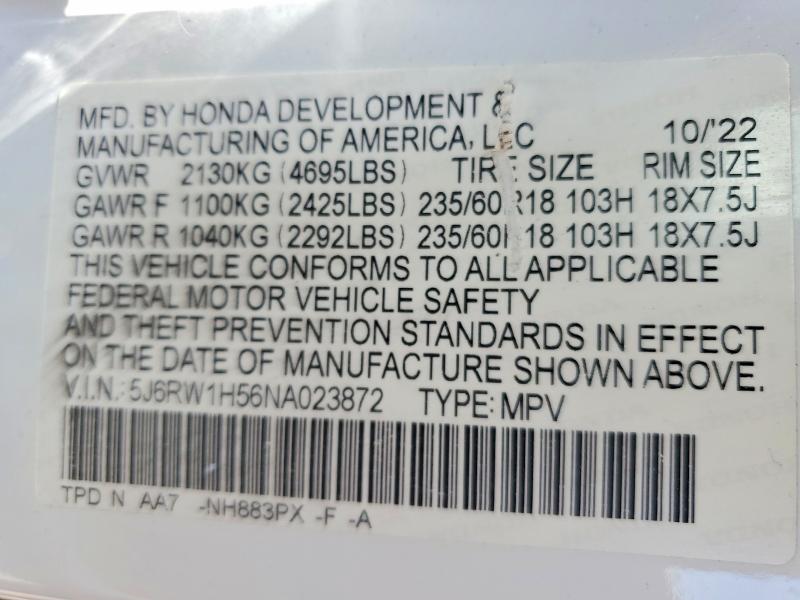 Aukcja sprzedaży 2022 Honda Cr-v, vin: 5J6RW1H56NA023872, numer aukcji: 56184006