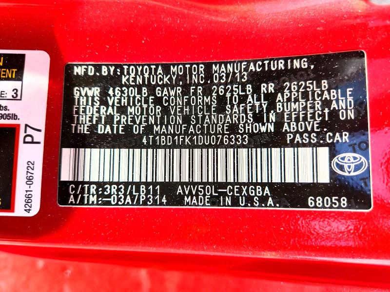 55995766 :رقم المزاد ، 4T1BD1FK1DU076333 vin ، 2013 Toyota Camry Hybrid مزاد بيع