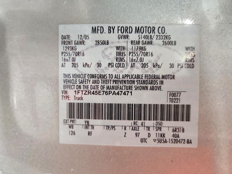 2006 Ford Ranger მანქანა იყიდება აუქციონზე, vin: 1FTZR45E76PA47471, აუქციონის ნომერი: 58334306