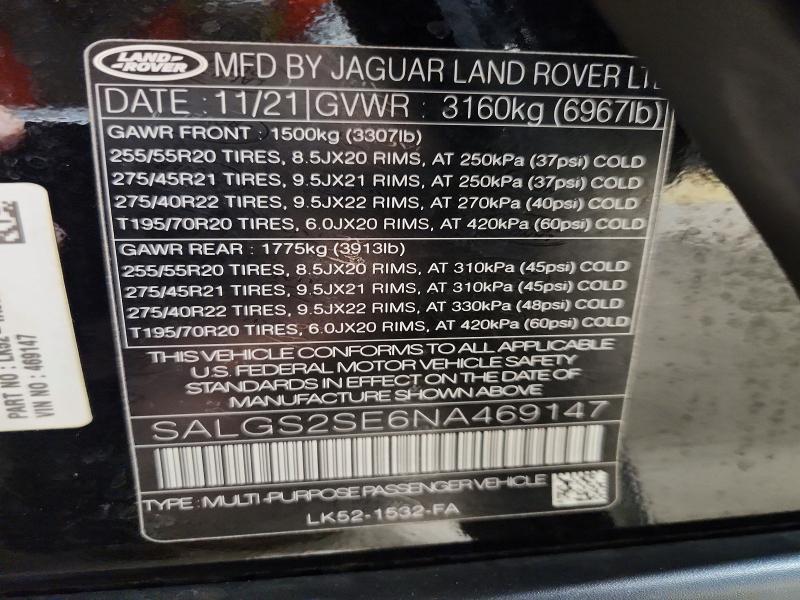 56603376 :رقم المزاد ، SALGS2SE6NA469147 vin ، 2022 Land Rover Range Rover مزاد بيع