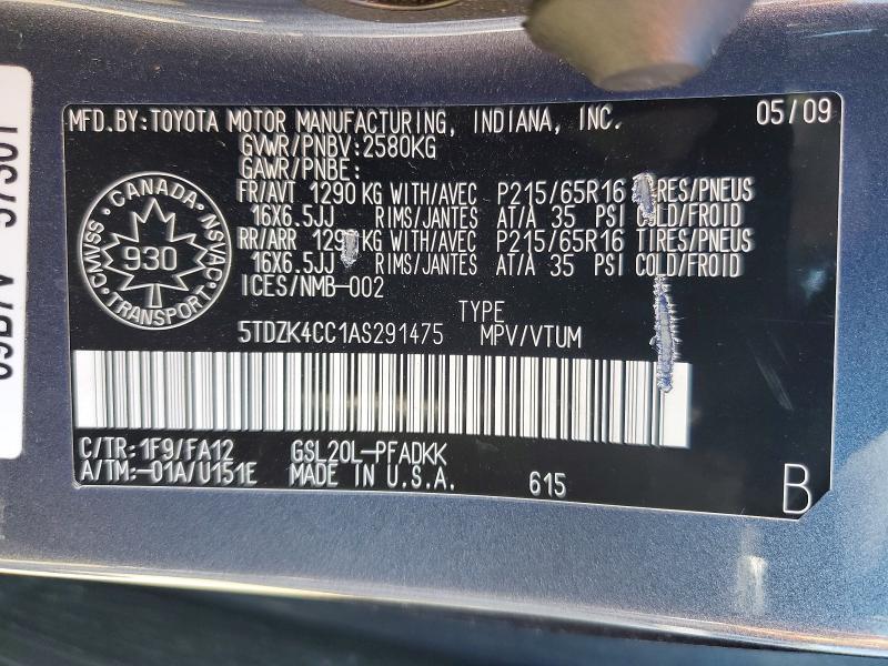 Aukcja sprzedaży 2010 Toyota Sienna, vin: 5TDZK4CC1AS291475, numer aukcji: 58121386