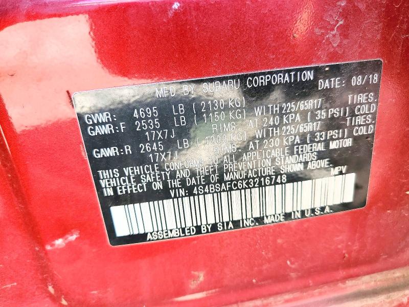 2019 Subaru Outback მანქანა იყიდება აუქციონზე, vin: 4S4BSAFC6K3216748, აუქციონის ნომერი: 55957496