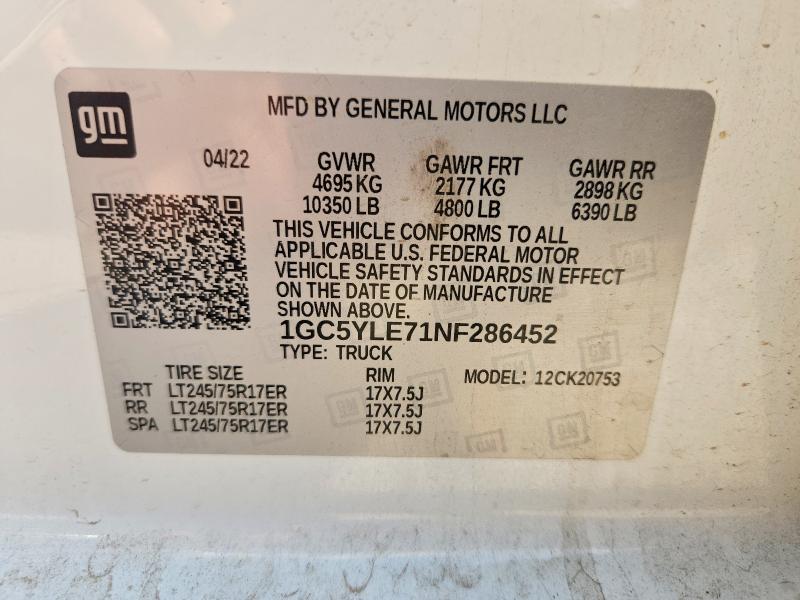 2022 Chevrolet Silverado მანქანა იყიდება აუქციონზე, vin: 1GC5YLE71NF286452, აუქციონის ნომერი: 55444216
