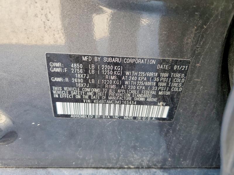 2021 Subaru Outback მანქანა იყიდება აუქციონზე, vin: 4S4BTAMC3M3165454, აუქციონის ნომერი: 58074196