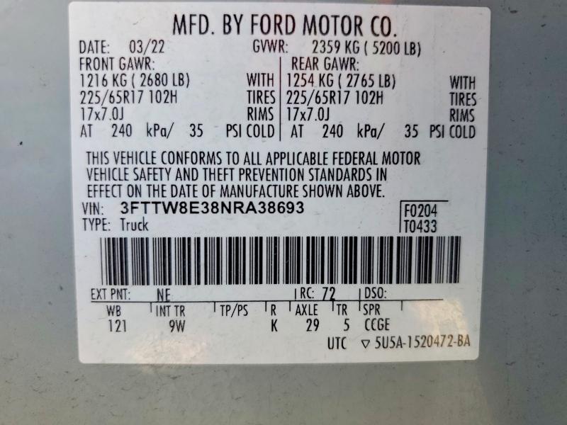Aukcja sprzedaży 2022 Ford Maverick, vin: 3FTTW8E38NRA38693, numer aukcji: 57160426