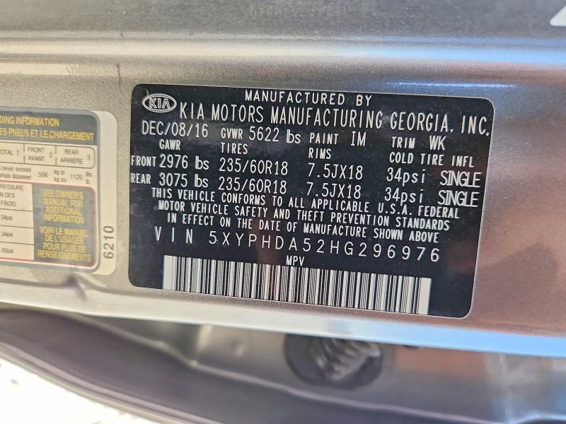 56857106 :رقم المزاد ، 5XYPHDA52HG296976 vin ، 2017 Kia Sorento مزاد بيع