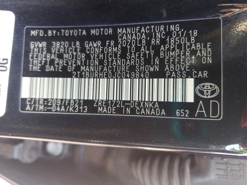 2018 Toyota Corolla მანქანა იყიდება აუქციონზე, vin: 2T1BURHE0JC049840, აუქციონის ნომერი: 58194596