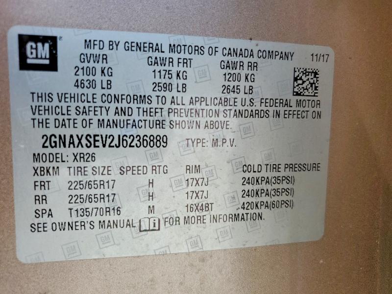 Продажа на аукционе авто 2018 Chevrolet Equinox, vin: 2GNAXSEV2J6236889, номер лота: 58436956