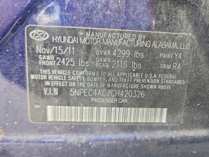 2012 Hyundai Sonata მანქანა იყიდება აუქციონზე, vin: 5NPEC4AC7CH420326, აუქციონის ნომერი: 56971256